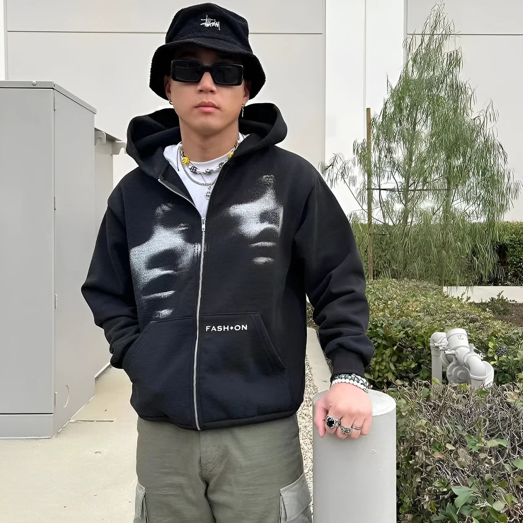 Black Y2K Korean style loose fit zip hoodie for men women teenagers
