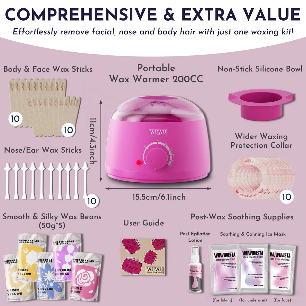 Professional waxing kit with warmer, five jars of hard wax beans, applicator sticks, and aftercare products.