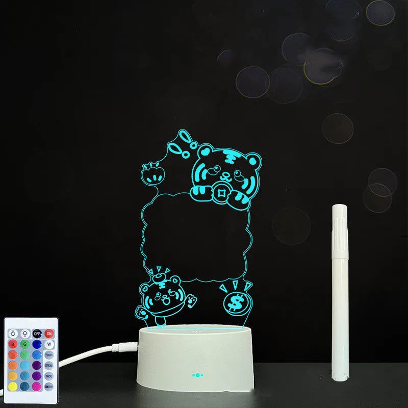 3D acrylic LED message board with touch control, black ABS base, USB cable, and stylus pen on desk