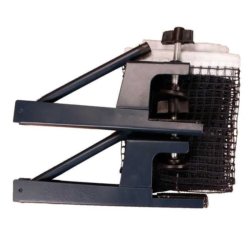 Table tennis post with thickened universal clamp and open grid steel frame on a table