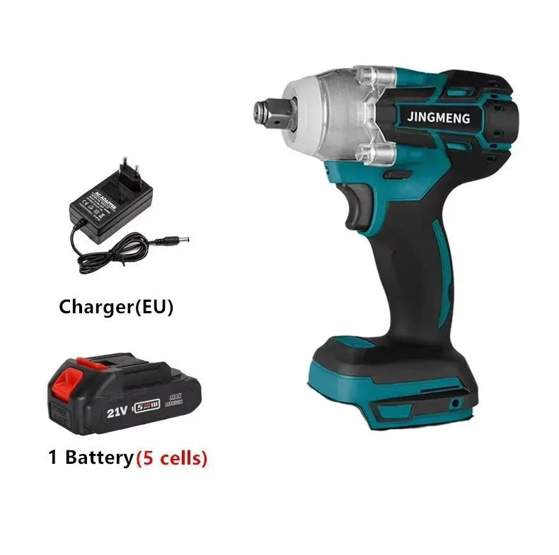 21V brushless electric impact wrench power tool with battery and 12.4mm chuck.