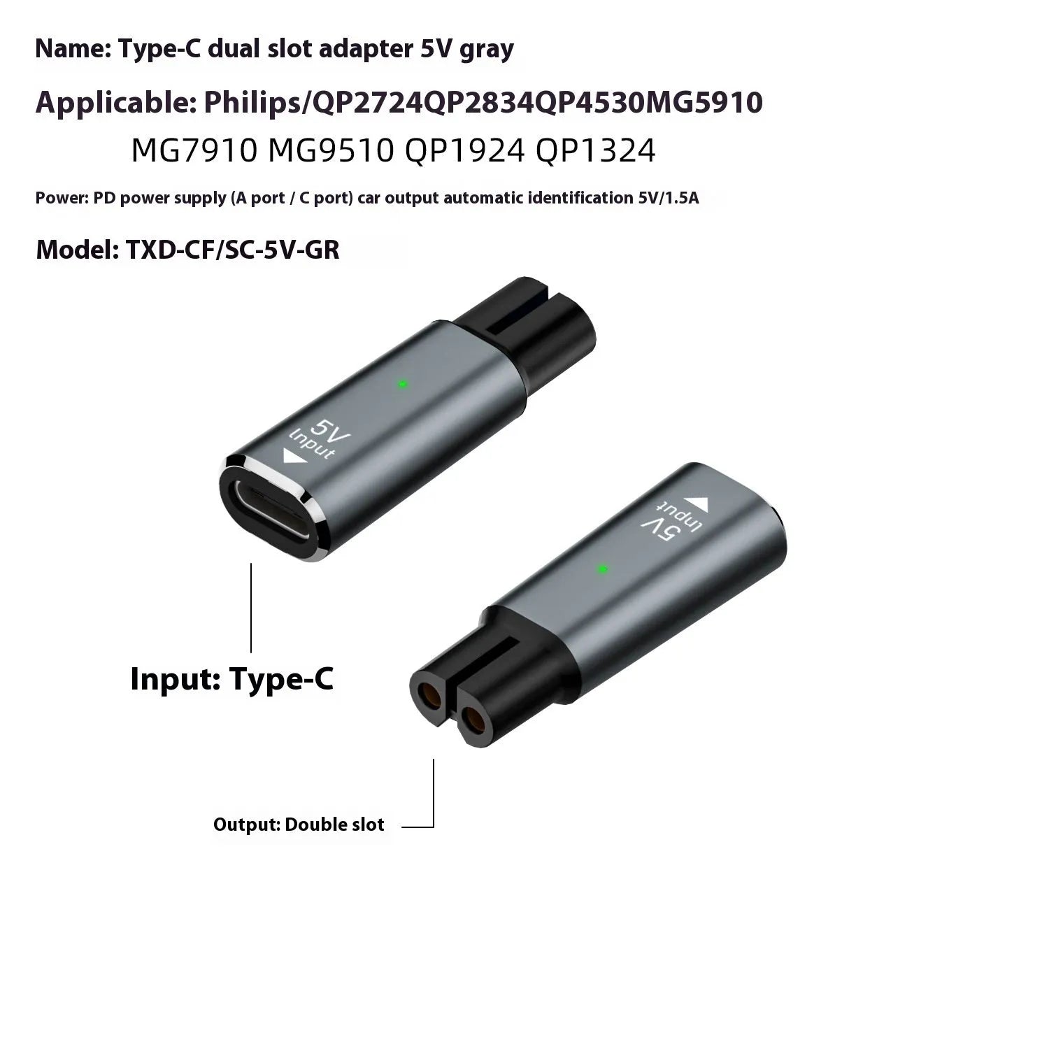 USB-C charging adapter for electric shavers with aluminium alloy casing in black or grey