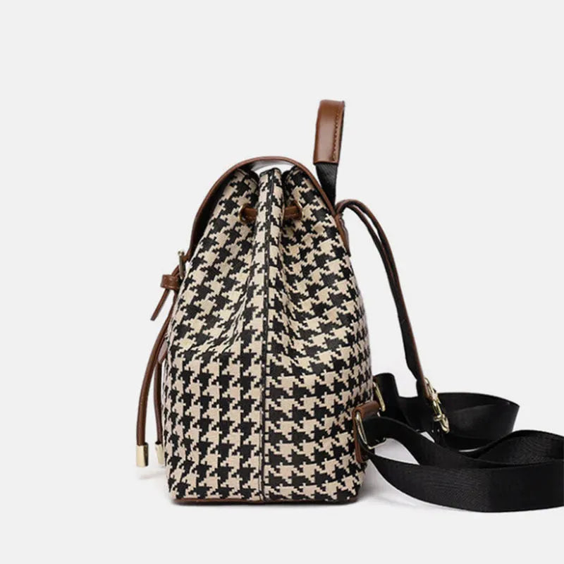 Houndstooth women's medium backpack Ostrich with Khaki contrast colour PU cover opening with car stitching