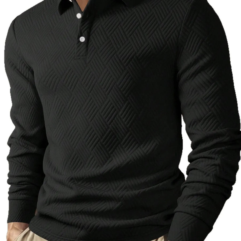 Men's solid colour long sleeve polo shirt with lapel collar in black, loose fit polyester fabric