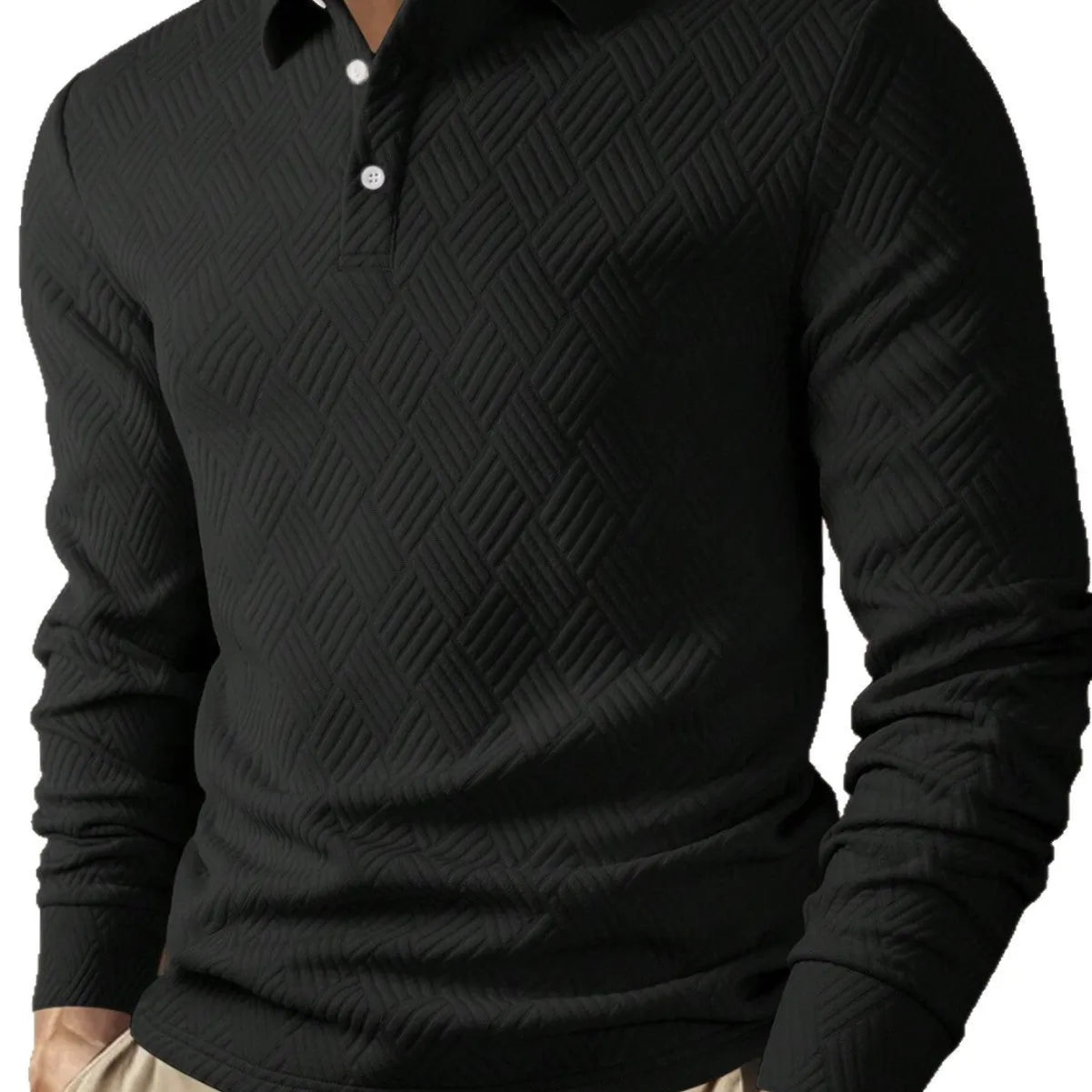 Men's solid colour long sleeve polo shirt with lapel collar in black, loose fit polyester fabric