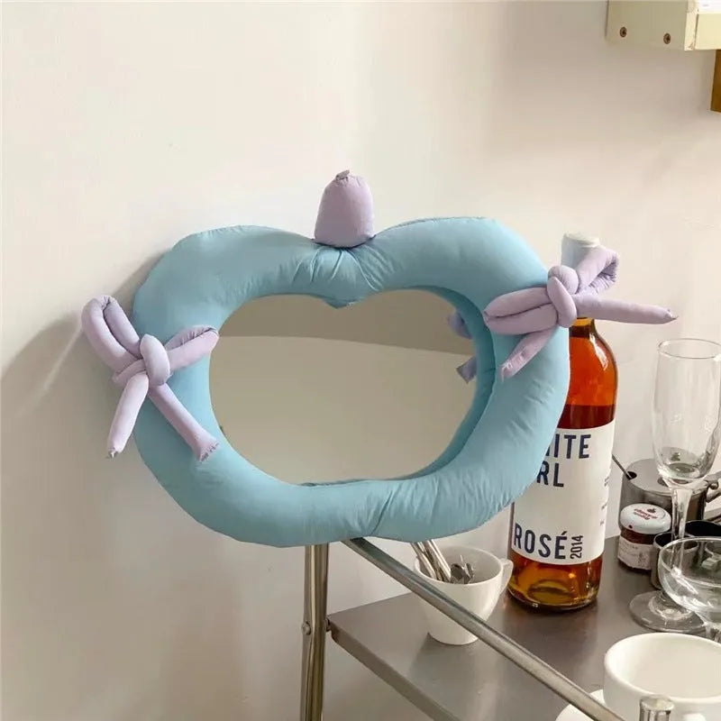 Korean-style soft fabric pillow mirror with apple print and aluminium lens