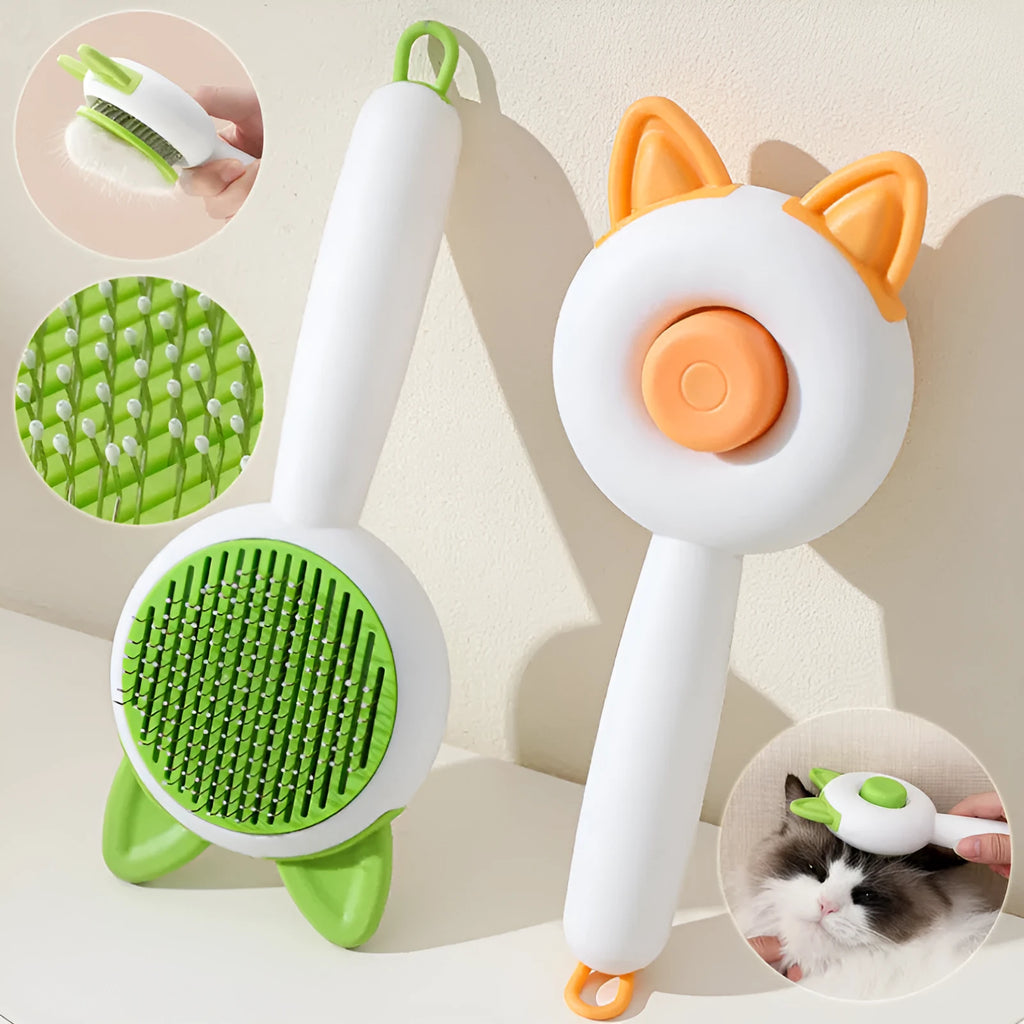Self-cleaning cat grooming comb with stainless steel pins in greenish white colour