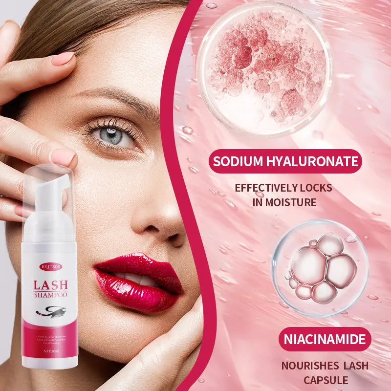 60ml bottle of lash shampoo mousse eyelash cleaning solution with a pump dispenser.