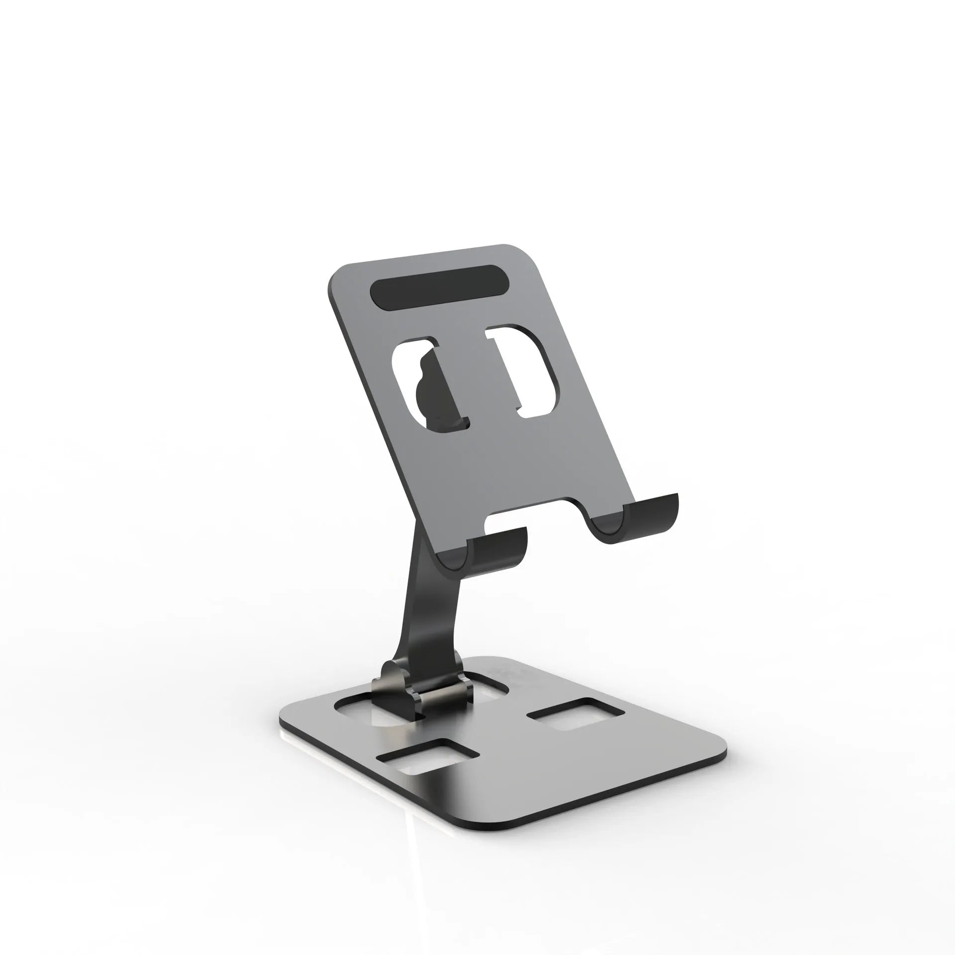 Aluminium alloy rotating mobile phone bracket in silver on a desk, showing three-axis joint and metal texture finish