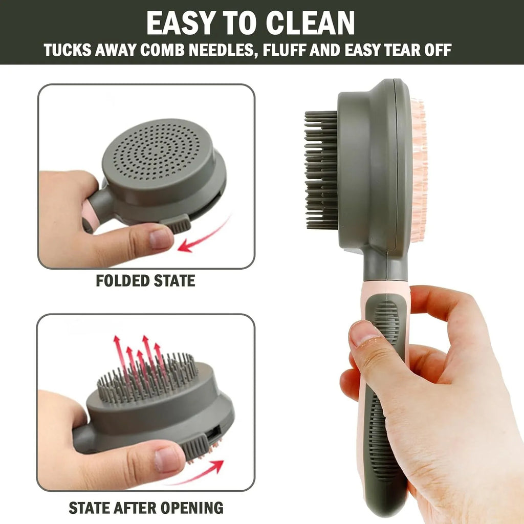 Pink and green double sided cat grooming brush showing slicker brush and flea comb sides with release button.