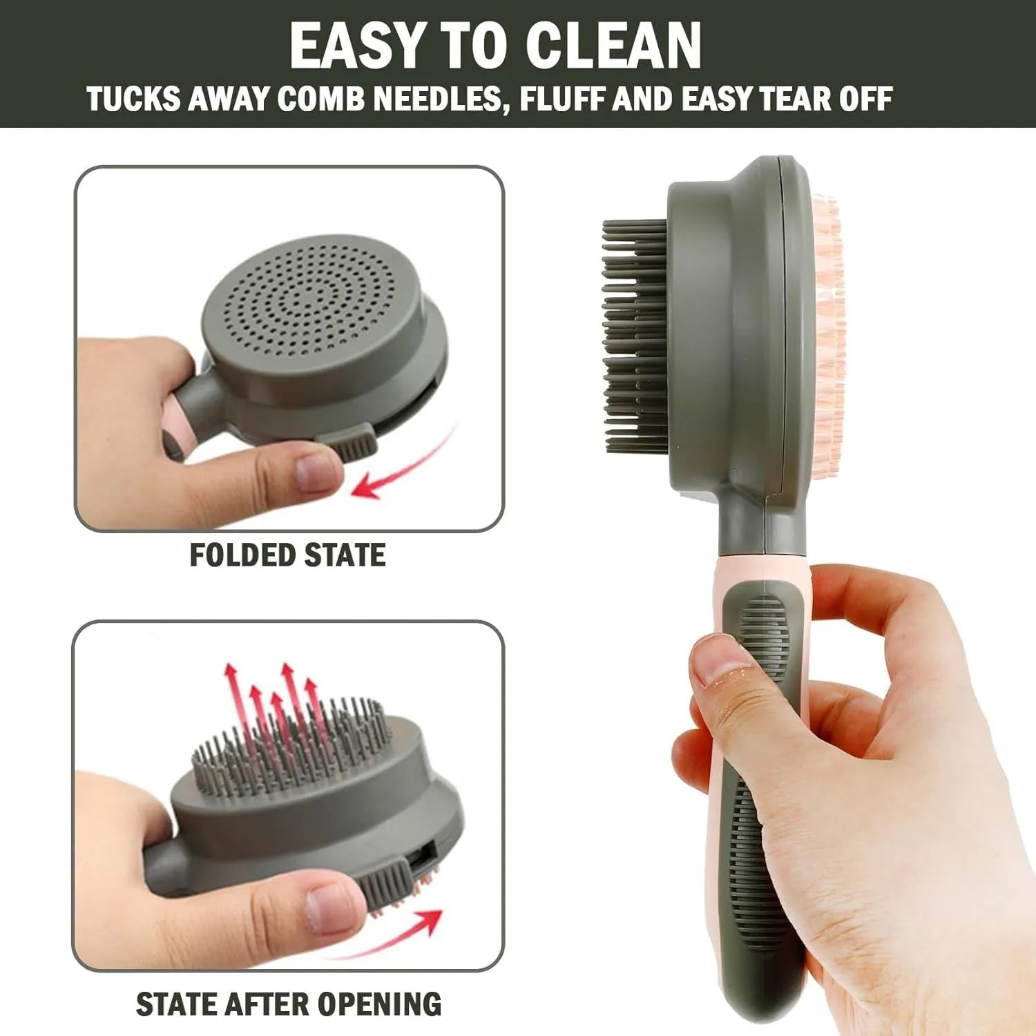 Pink and green double sided cat grooming brush showing slicker brush and flea comb sides with release button.
