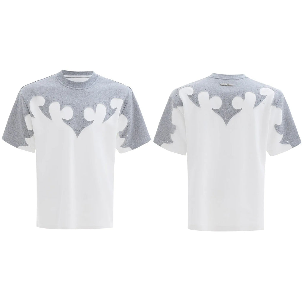 Men's loose grey cotton T-shirt with detailed 3D burnt-flower embroidery and rhinestone decoration on the chest