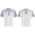 Men's loose grey cotton T-shirt with detailed 3D burnt-flower embroidery and rhinestone decoration on the chest