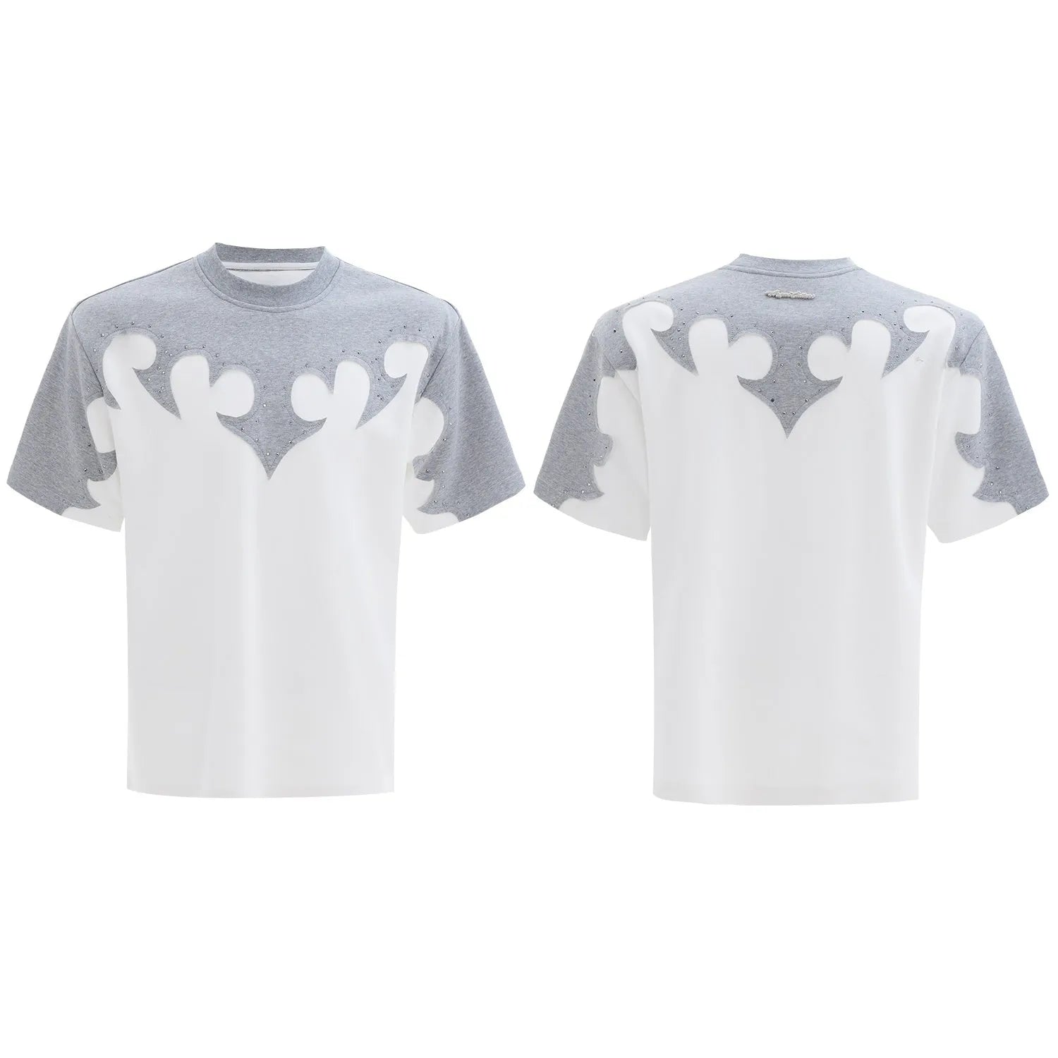 Men's loose grey cotton T-shirt with detailed 3D burnt-flower embroidery and rhinestone decoration on the chest
