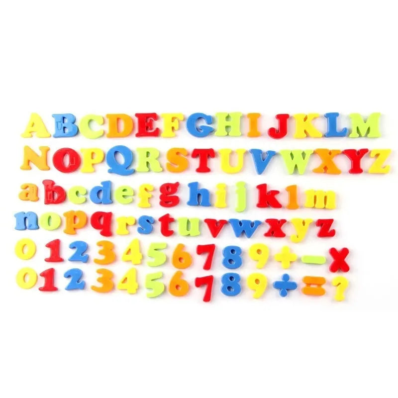 Early education magnetic plastic stickers set of 78 pieces in HM1151 colour with English alphabet and digital Pinyin characters on a whiteboard