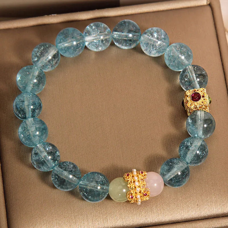 Blue Chinese style crystal bracelet with cube sugar colourful crystals and flexible diamond ring design for women