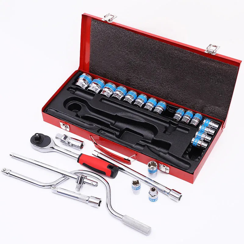 24-piece curved bow car repair wrench and socket combination tool kit with chrome vanadium steel construction