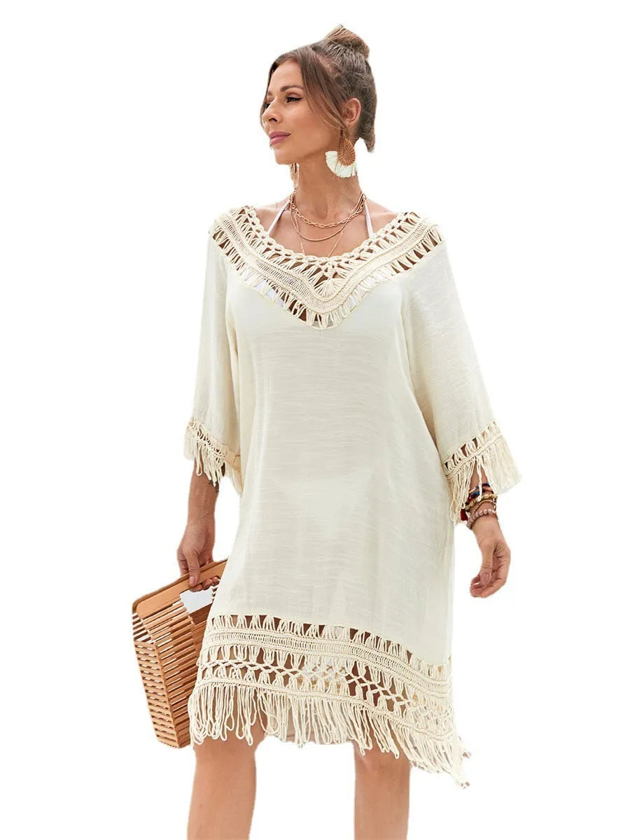 Apricot coloured hand-crocheted acrylic beach dress with polyester lining for women.