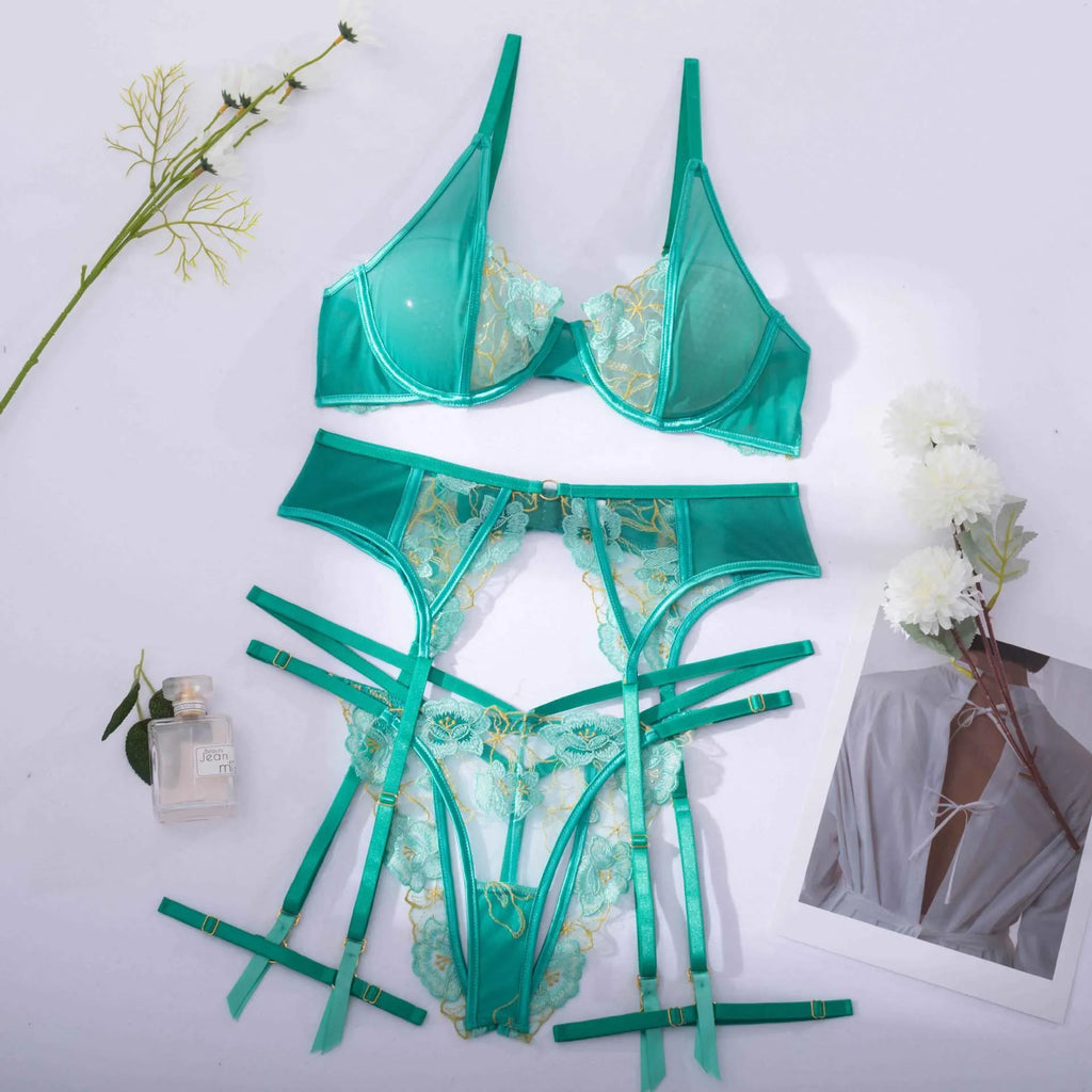 Light green women's bra set with embroidery detail and matching bikini bottoms