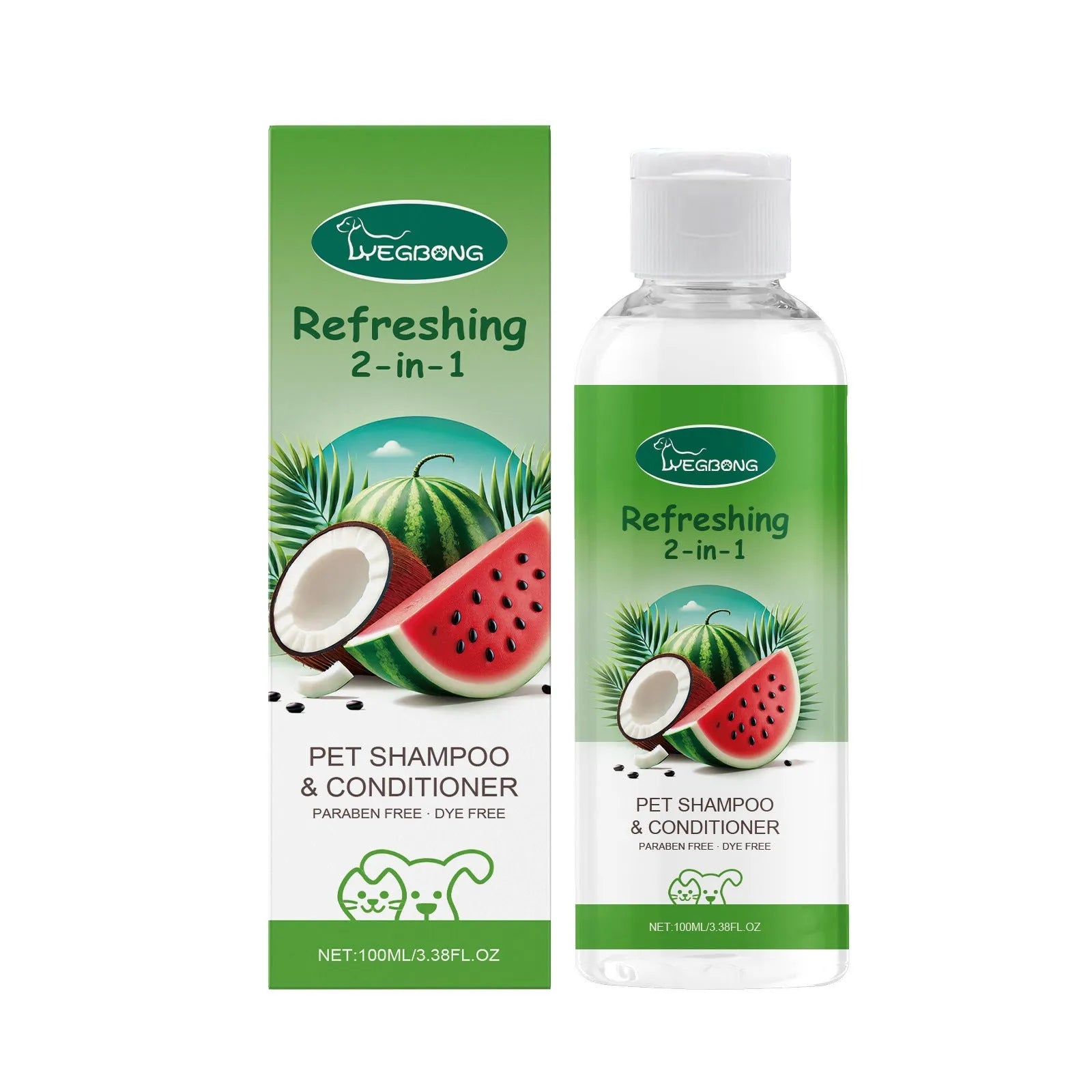 100ml bottle of 2-in-1 pet shampoo and shower gel with watermelon and coconut extract.