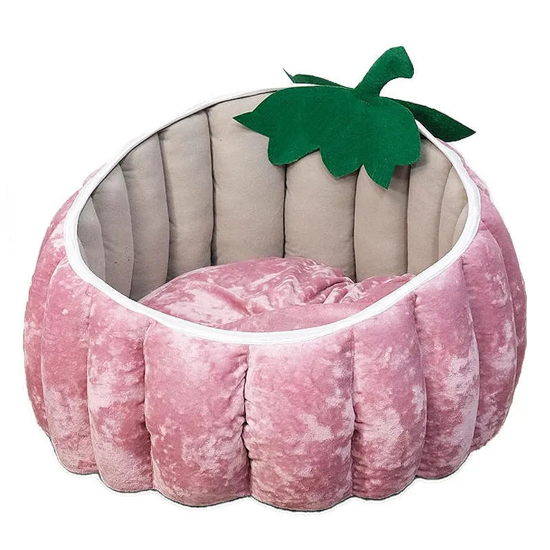 Halloween pumpkin devil design soft plush cat bed for small pets in black, orange, or pink.