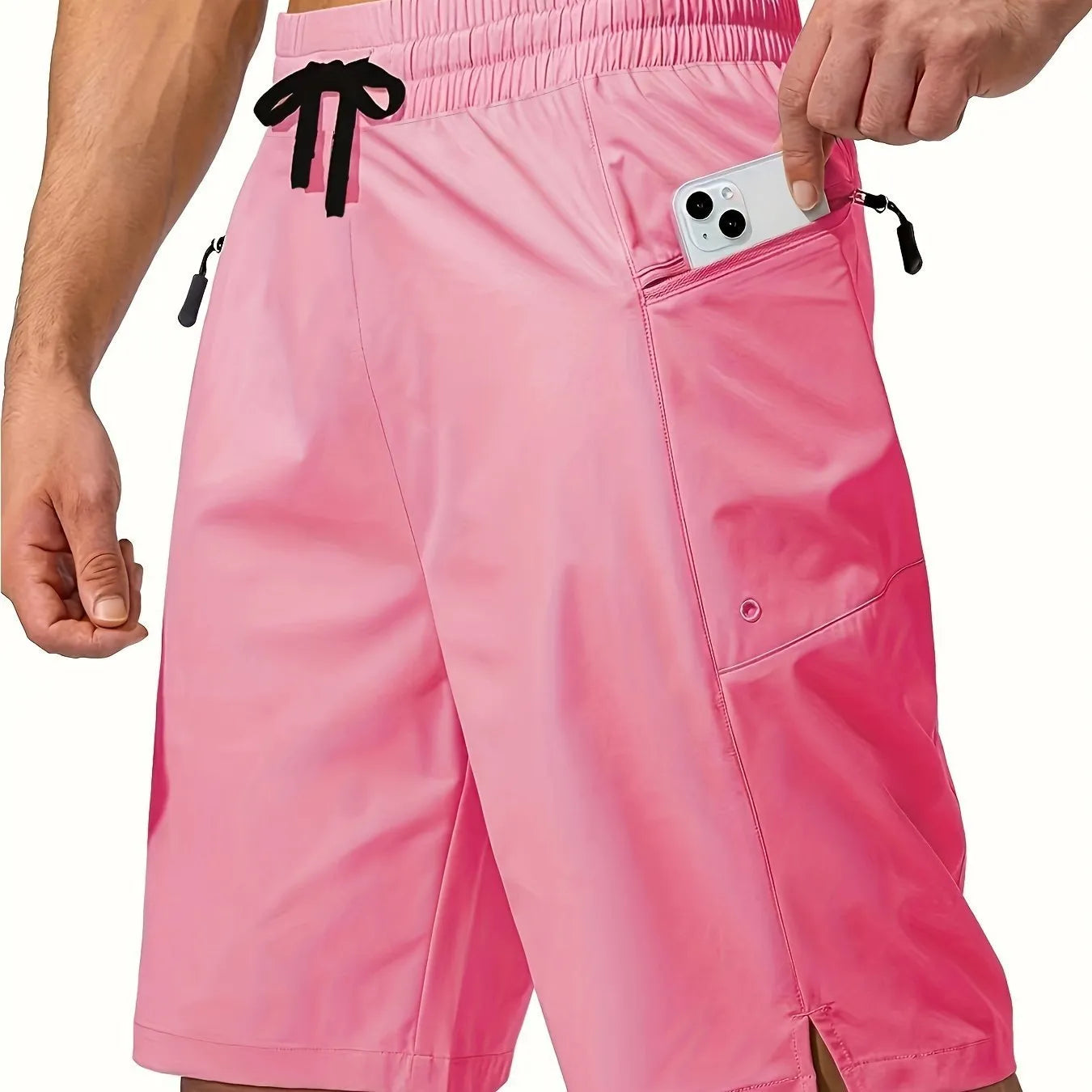 Men's quick-dry polyester beach shorts shown in multiple colour options with straight leg cut.