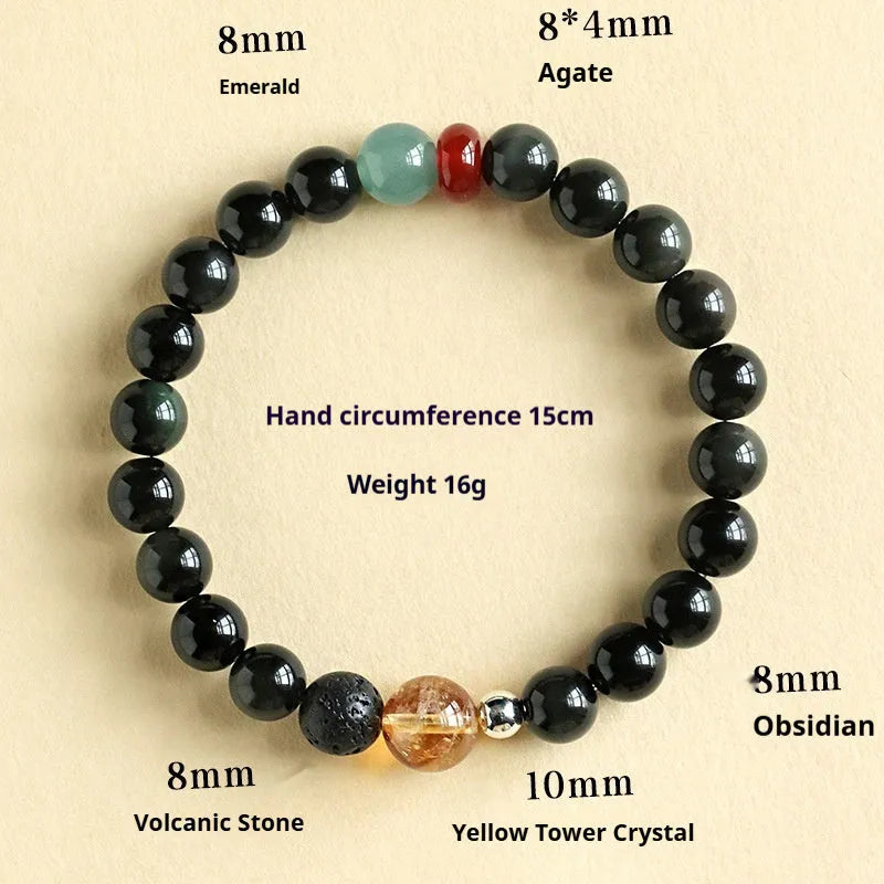 Chinese-style obsidian yellow tower crystal couple bracelet with agate jade accents showing 8mm and 10mm bead size options