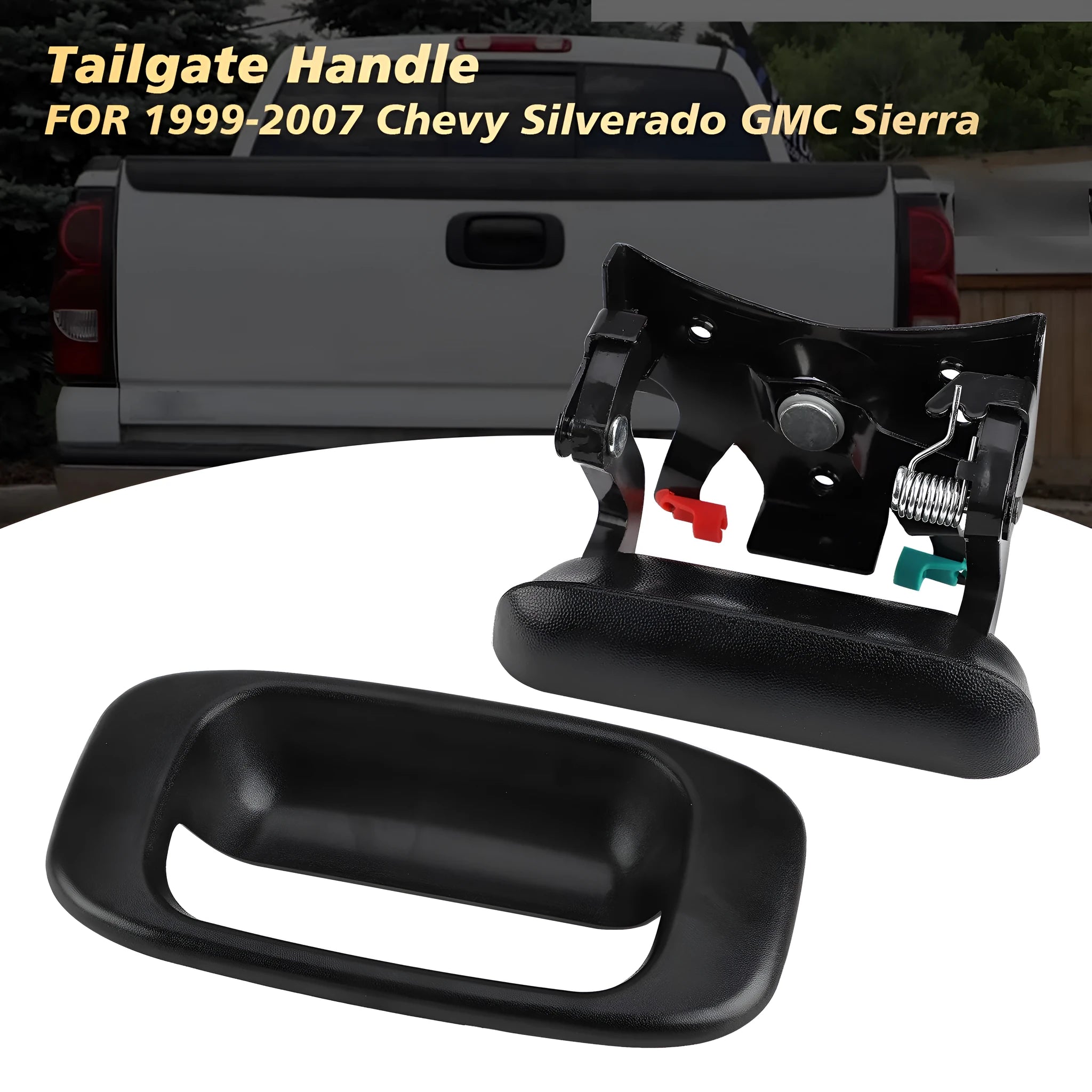 Black Chevrolet Silverado tailgate frame handle set made from ABS and metal