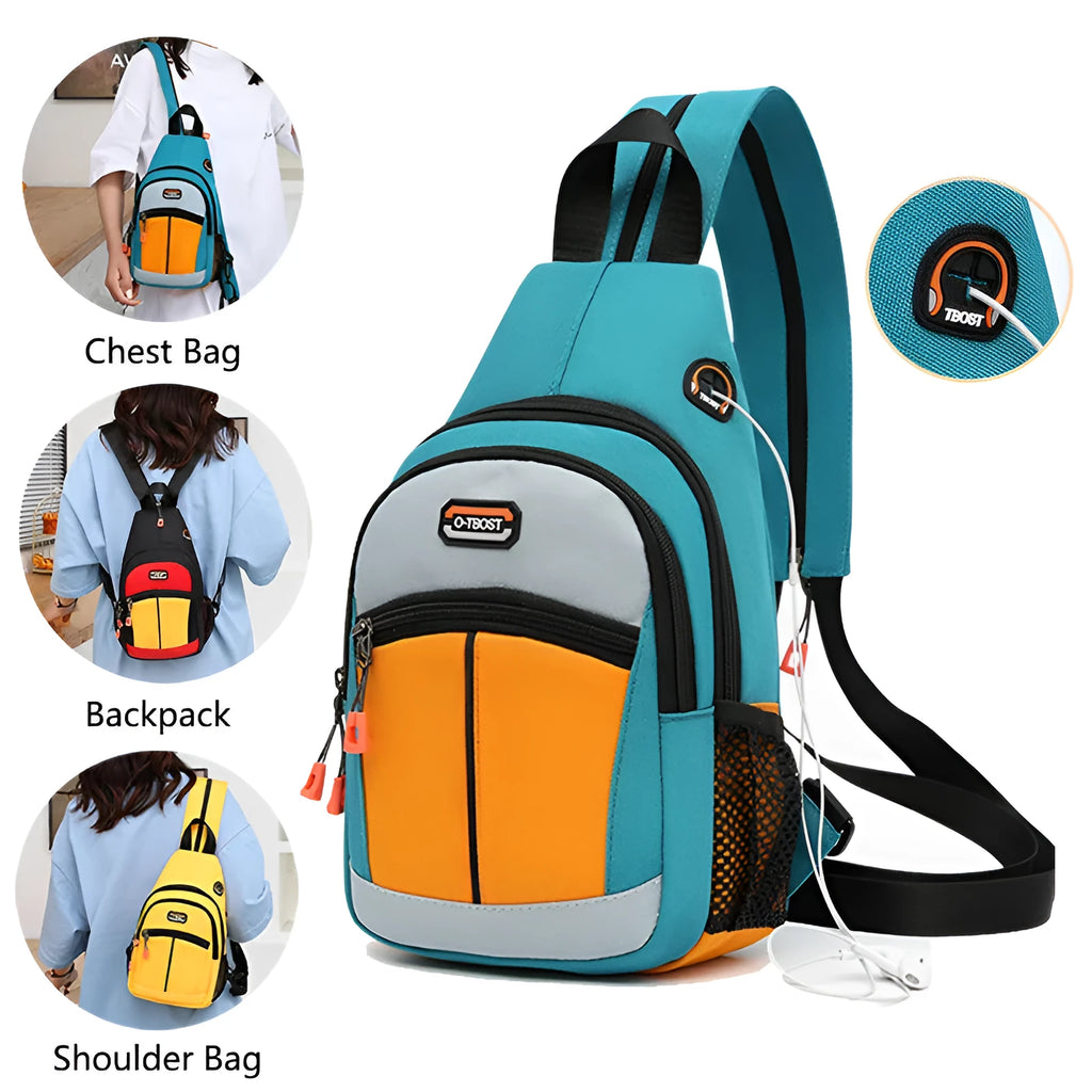 Women's multifunctional Oxford cloth backpack with USB design, medium size, vertical square shape, colour block finish