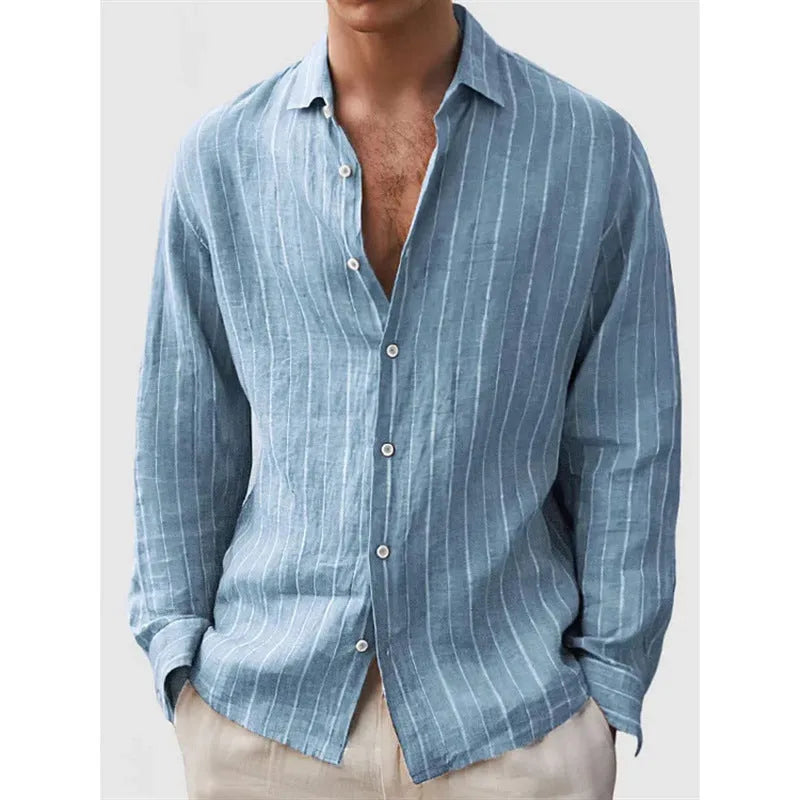 Man wearing loose fit striped polyester shirt with short sleeves in cardigan style