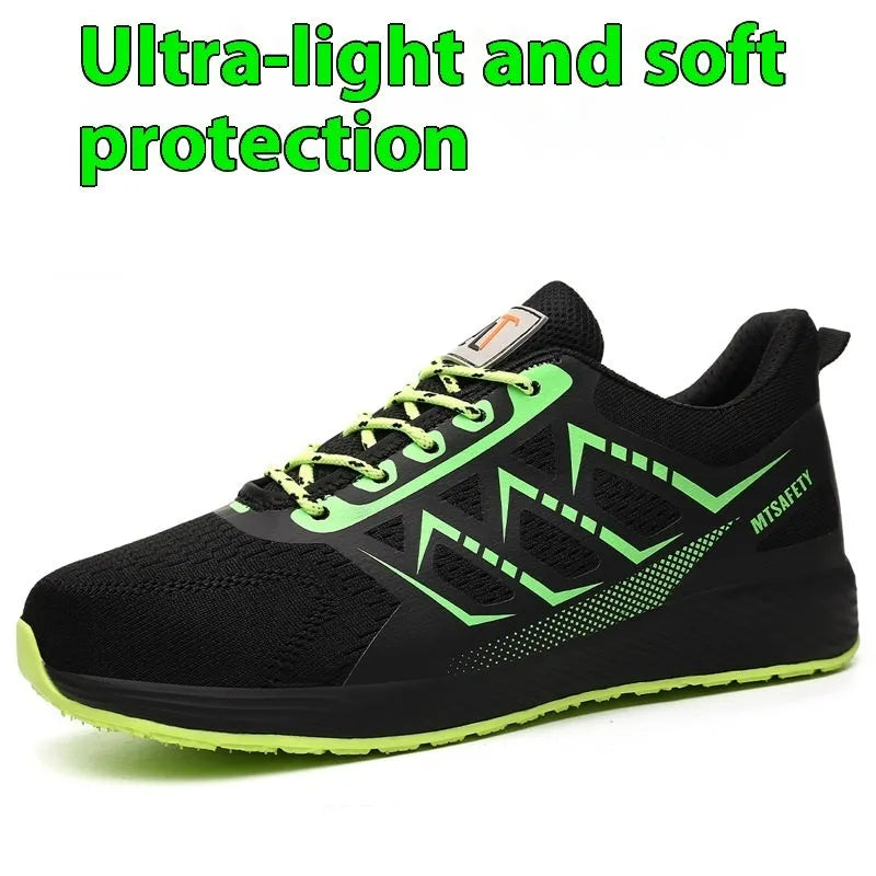 Black ultra-light labour protection shoes with steel toe caps and anti-penetration soles, lace-up closure