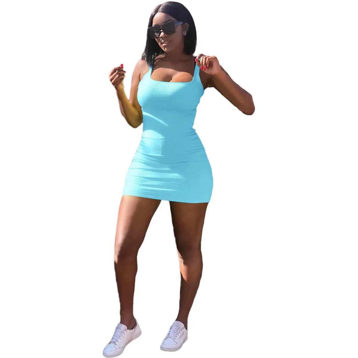 Women's slim fit casual dress with big U-neck and sunken stripe strap design in light green.