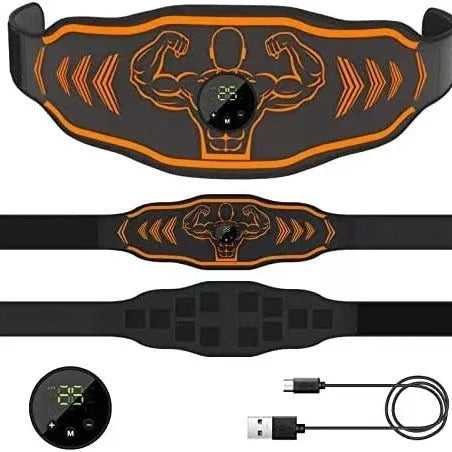 Blue and orange EMS smart massage belt with host unit, large electrode pad, and two smaller arm stickers on a grey background.