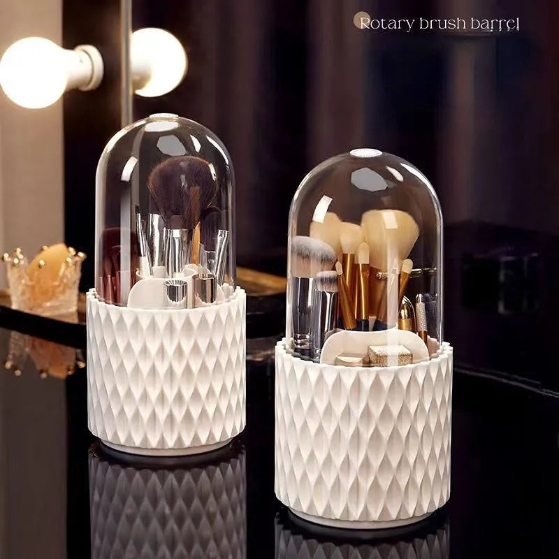 White rotating transparent makeup brush holder with dustproof lid on desktop