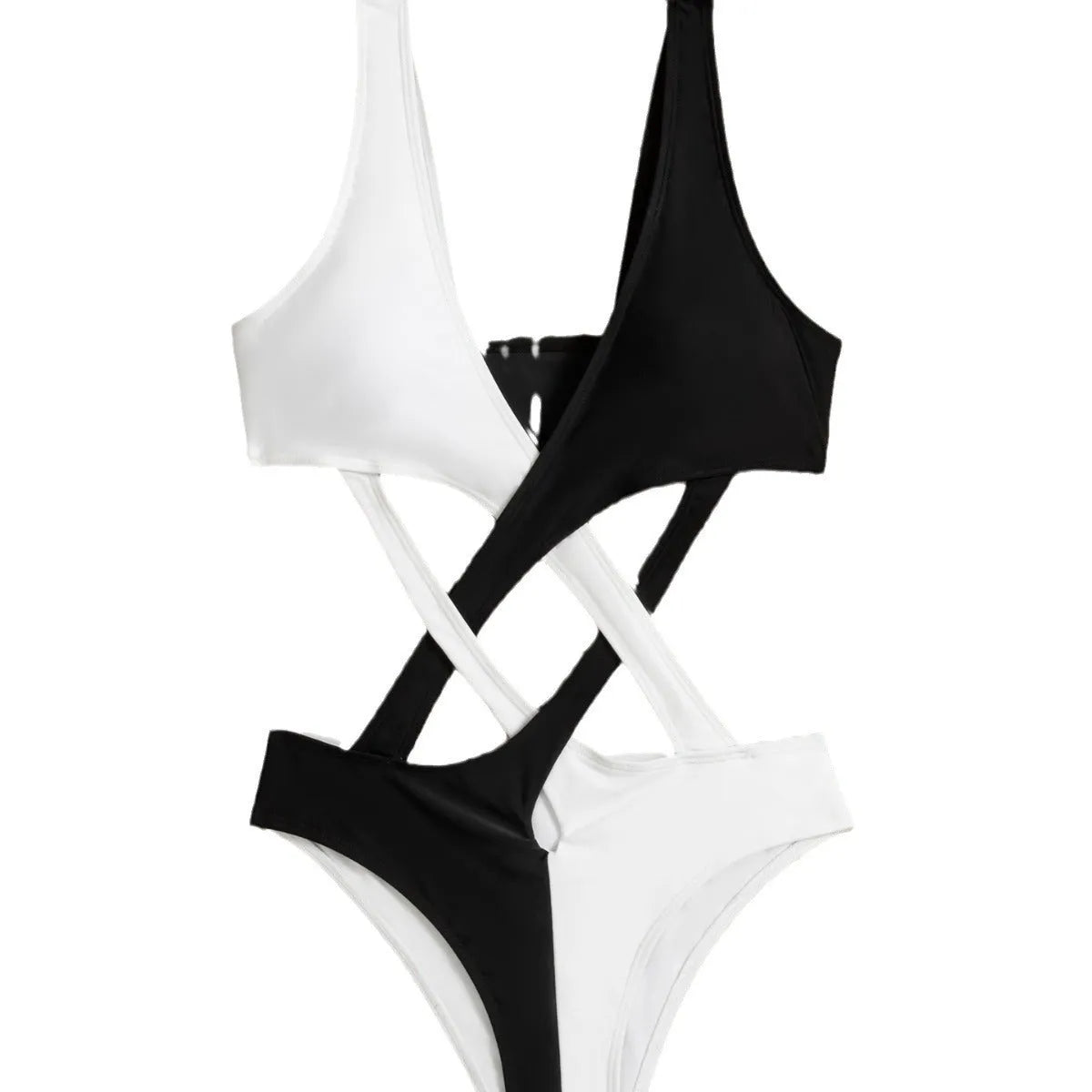 White women's one-piece swimsuit with colour block design and hollow out detail