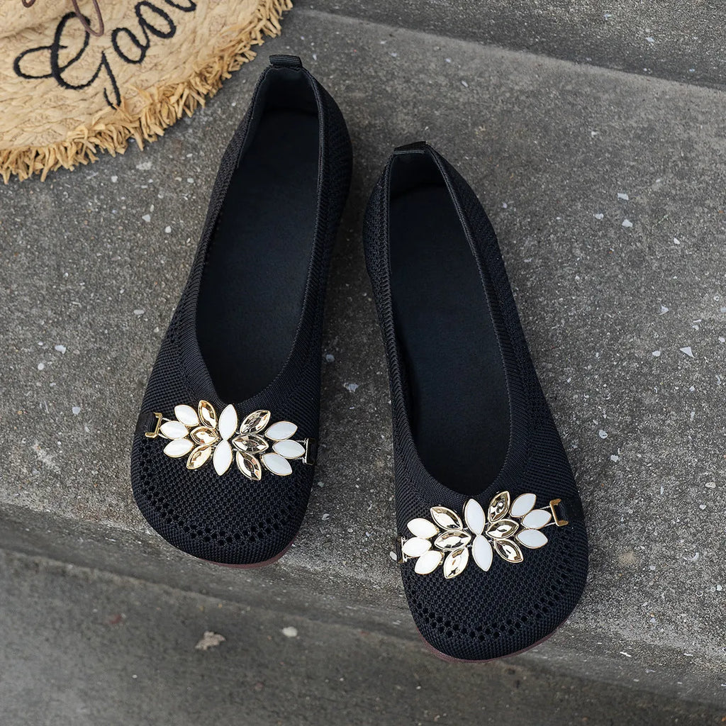 Women's round toe flat shoes with floral metal decoration, mesh upper, flat heel, available in beige, black, and blue
