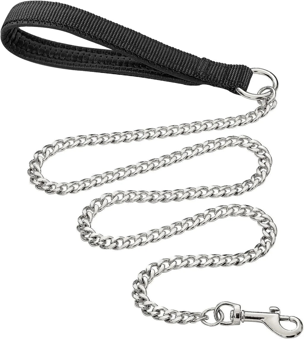 Heavy duty black metal dog chain leash with a soft blue padded handle.