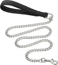 Heavy duty black metal dog chain leash with a soft blue padded handle.