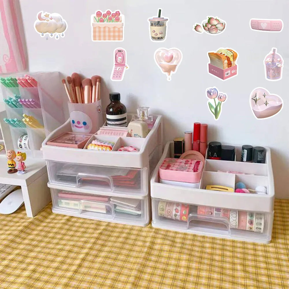 Set of 63 realistic 3D decorative stickers with cute pink girl heart designs.