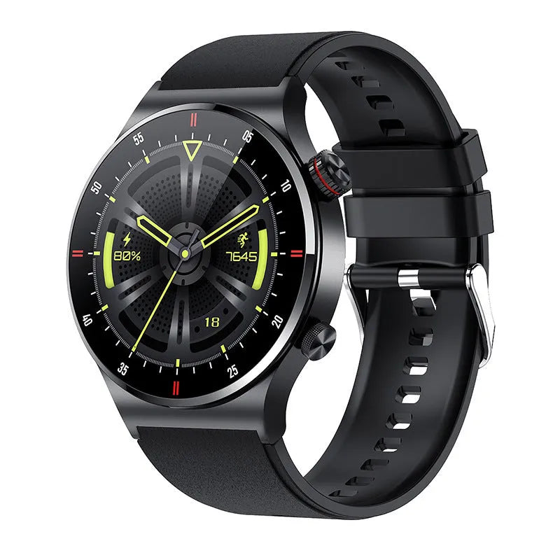 Smart sports watch with black silicone wristband and 1.28-inch touch screen displaying fitness metrics