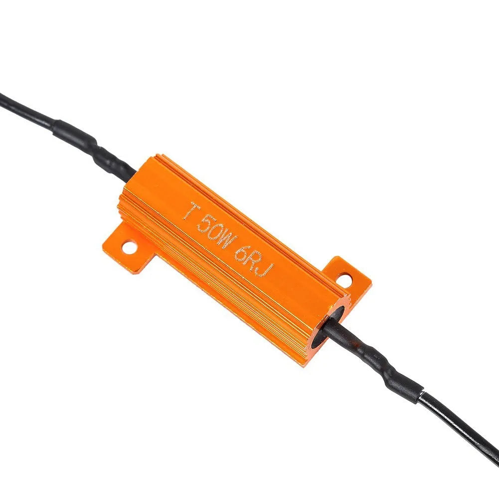 Two golden aluminium-case 50W load resistor decoders with four wire connector clips for fixing vehicle LED hyper-flash.