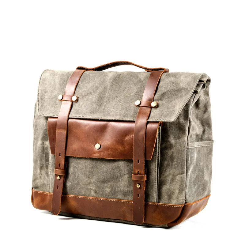Camel Bag Knight retro cotton messenger bag showing 40cm size and internal organiser pockets