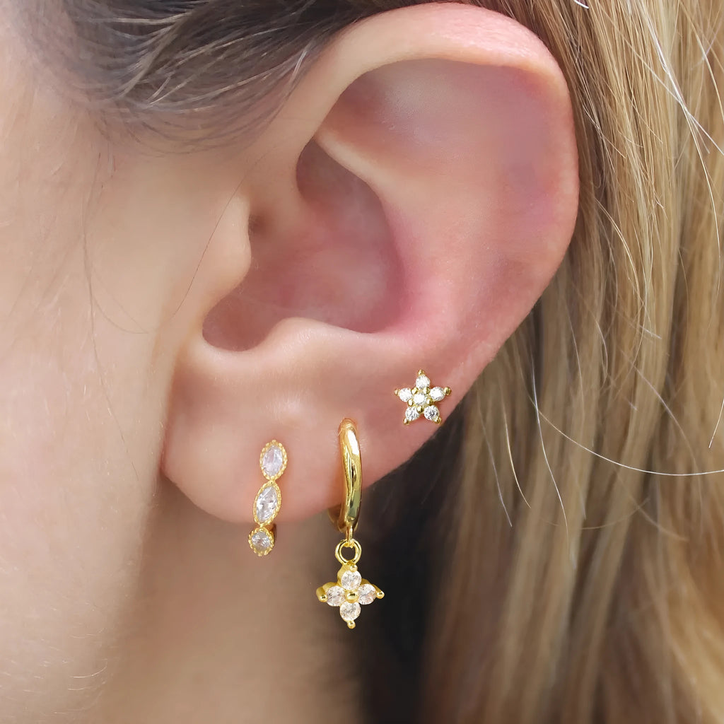Crystal flowers geometric cartilage earrings set on copper with electroplated gold finish