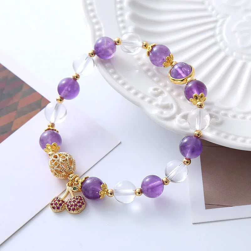 Purple and amethyst crystal bracelet with a manually micro-inlaid cherry flower design.
