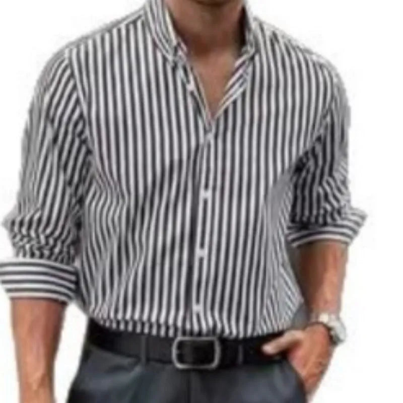 Men's loose fit striped casual button-up shirt in polyester fabric