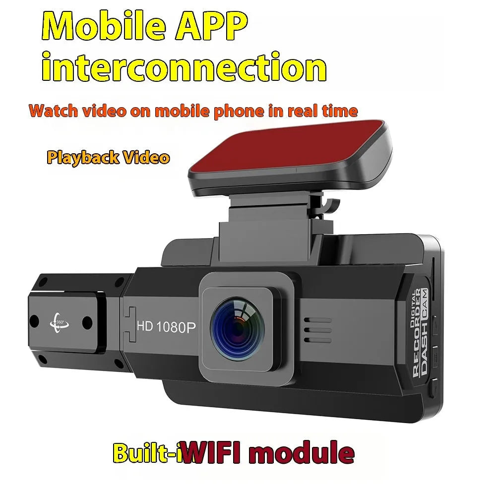 Front car driving recorder P with 3-inch screen mounted on a car windscreen.