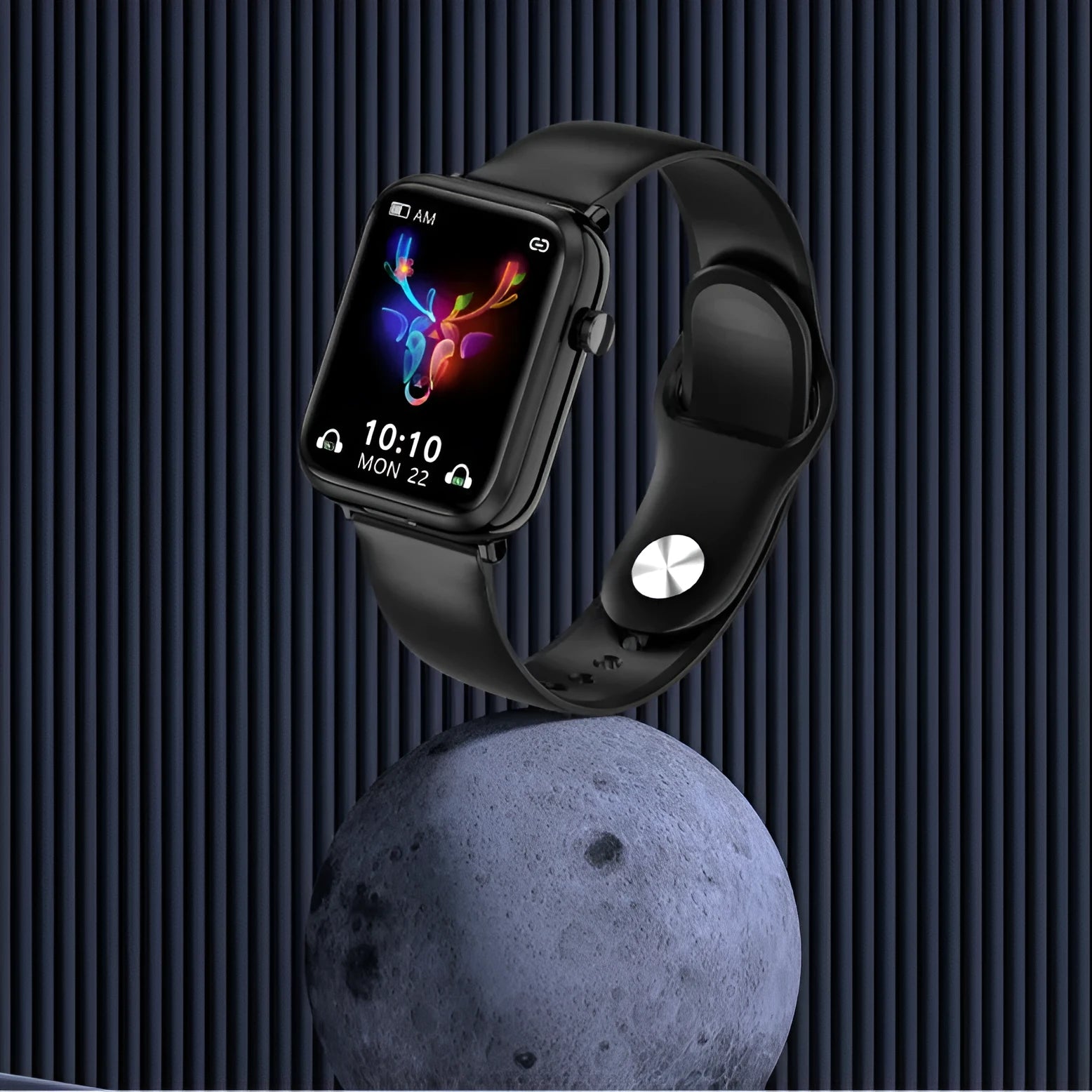 Black smartwatch with 1.69-inch touch screen and integrated Bluetooth earpieces in charging case.