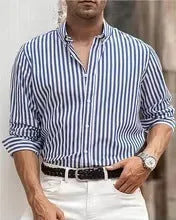 Men's loose fit striped casual button-up shirt in polyester fabric