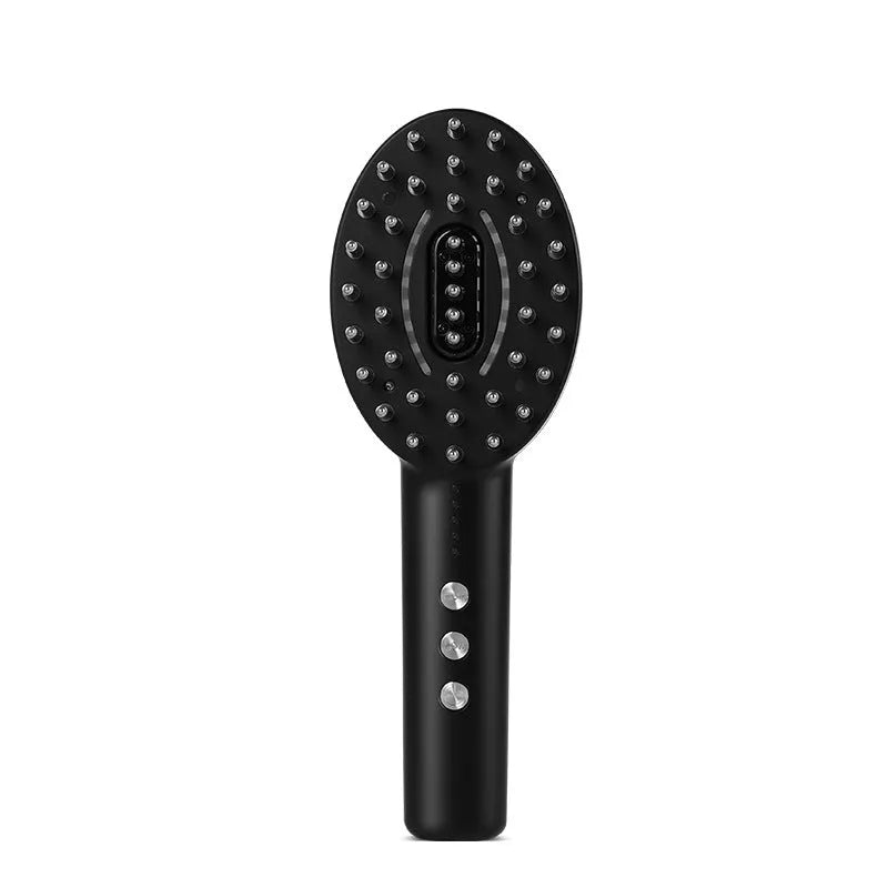 Black scalp medicine supplying and massage device with charging cable on a white background