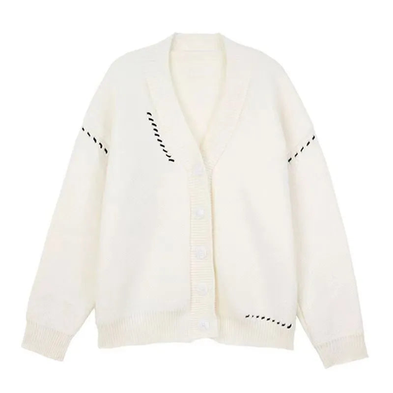 Women's loose black knitted cardigan coat with long sleeves.